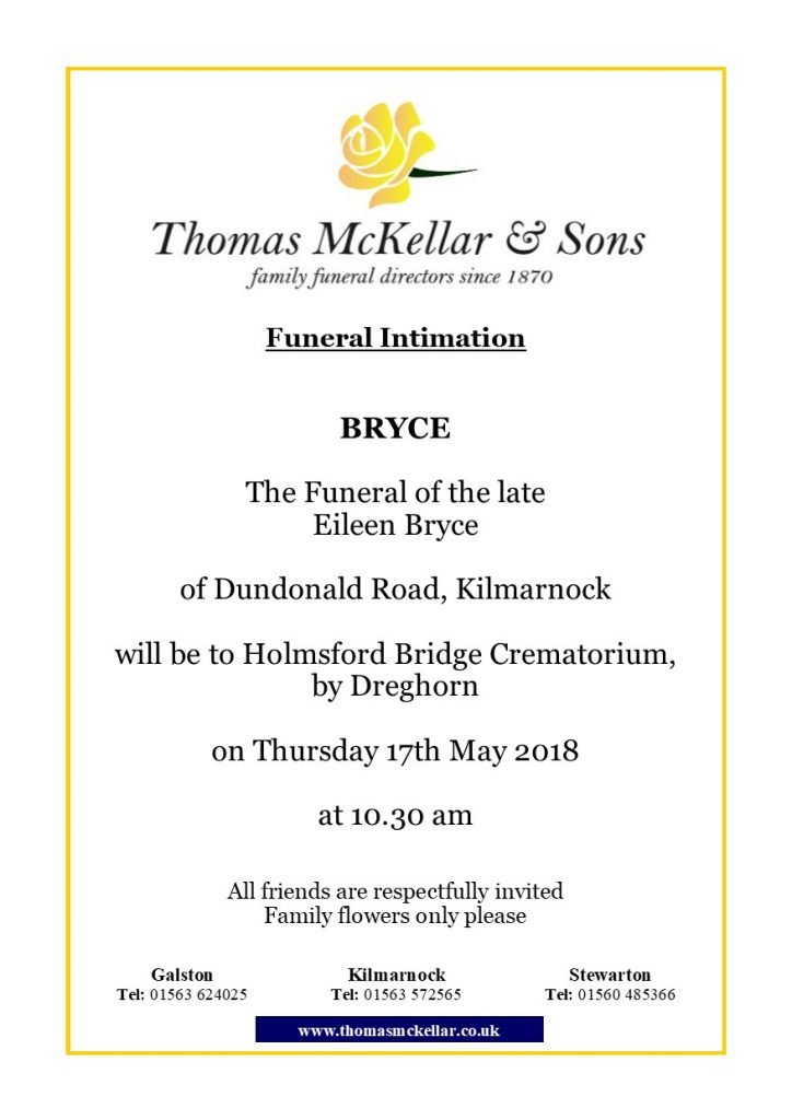 Funeral Notices Thomas McKellar & Sons Funeral Services Ayrshire